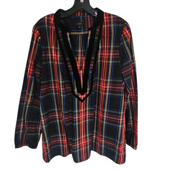J Crew Velvet-Trimmed V-Veck Tunic Black Stewart Tartan Plaid Size Large - Picture 3 of 13